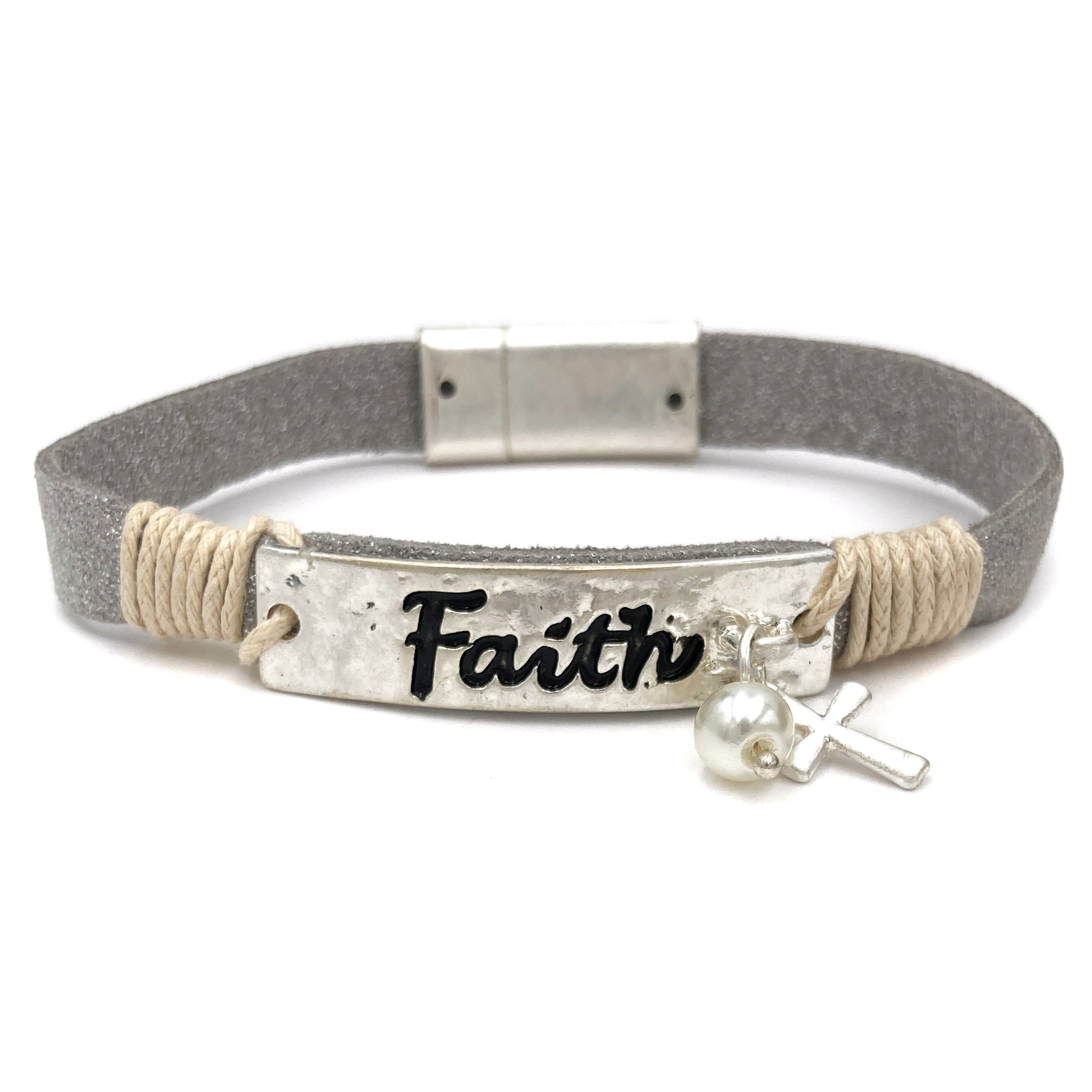 Faith Silver Cross Pearl Pu Leather Bracelet