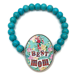 Best Mom Cactus Flowers Turquoise Bead Stretch Bracelet