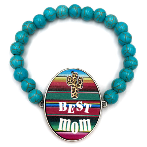 Best Mom Cactus Serape Turquoise Bead Stretch Bracelet