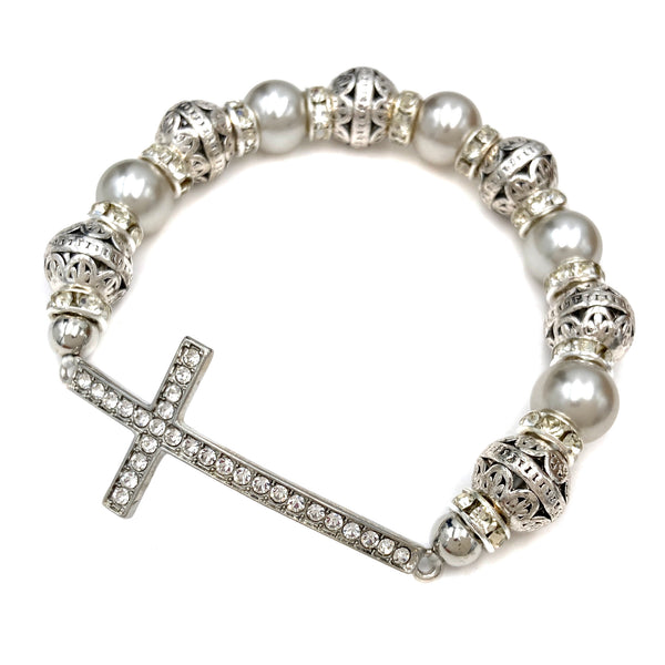 Cross Rhinestone Pearl Beaded Stretch Bracelet