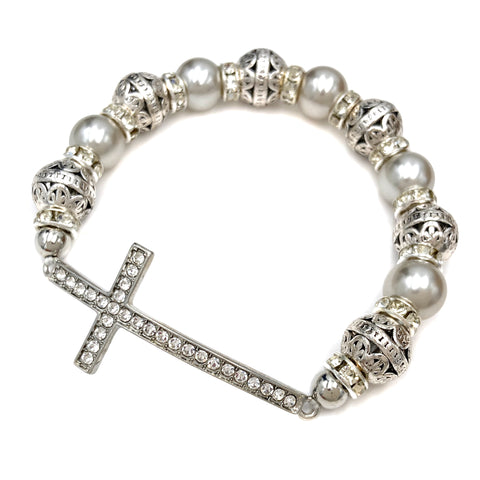 Cross Rhinestone Pearl Beaded Stretch Bracelet