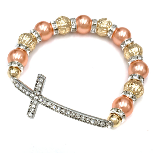 Cross Rhinestone Pearl Beaded Stretch Bracelet