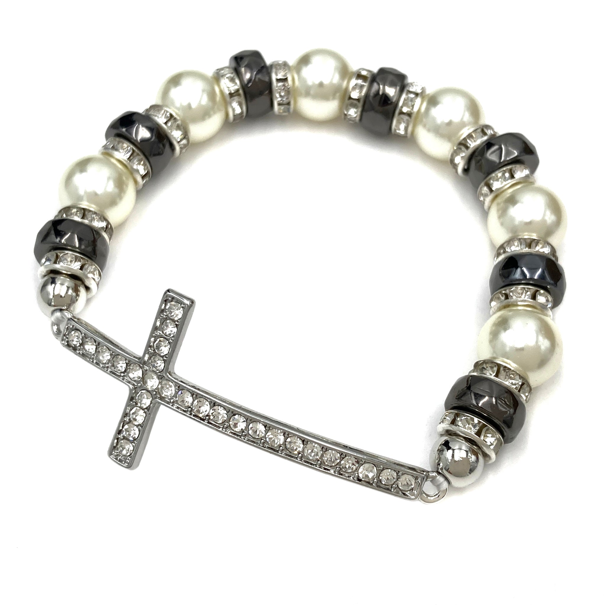 Cross Rhinestone Pearl Beaded Stretch Bracelet