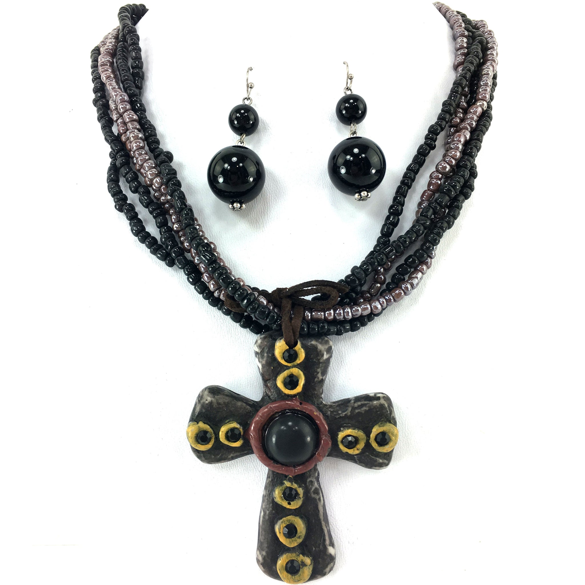 Chunky Bead Small Cross Necklace Earrings Set