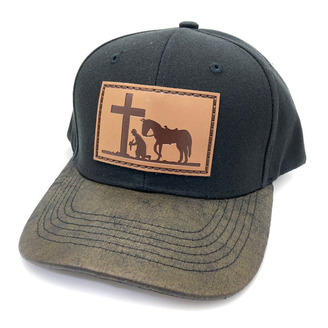 Praying Cowboy Leather Embroidered Patch Hat