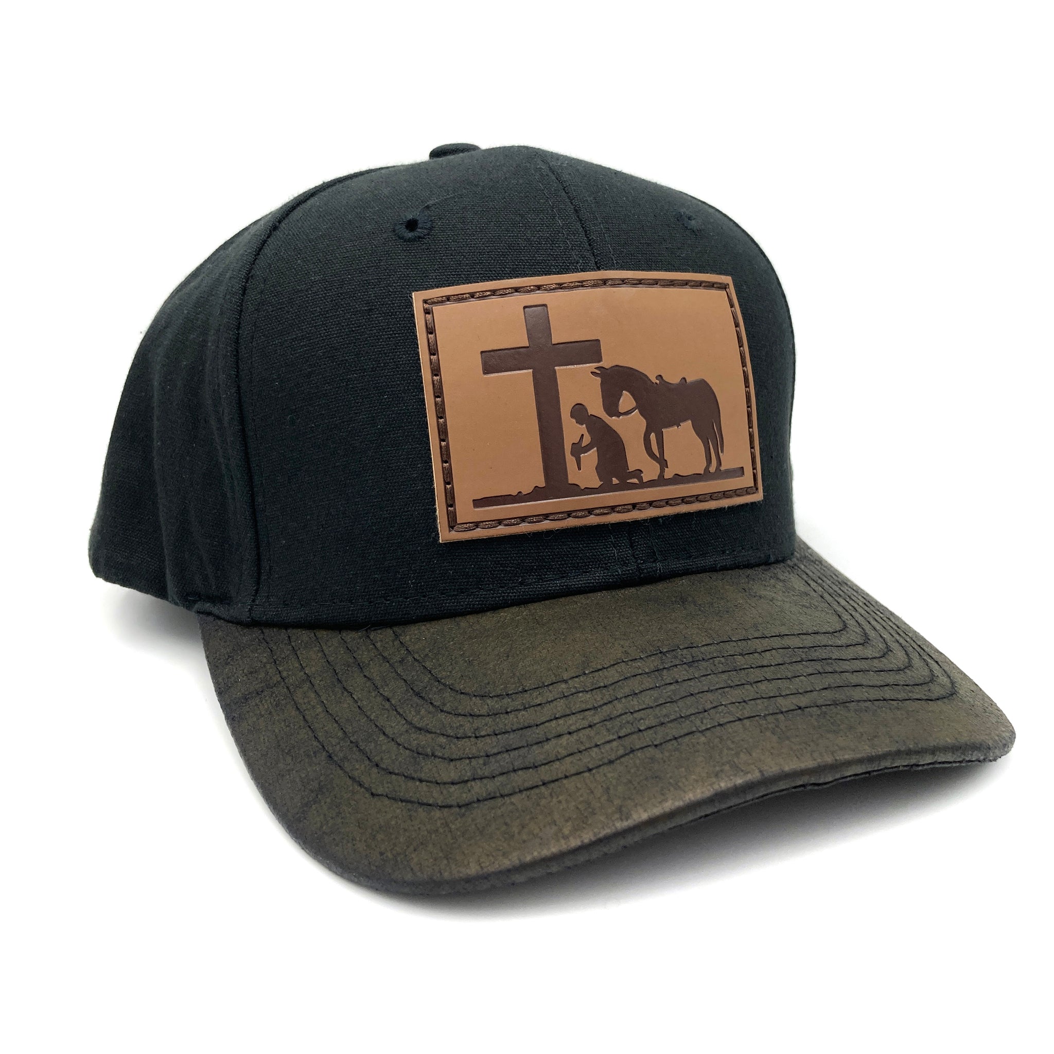 Praying Cowboy Leather Embroidered Patch Hat