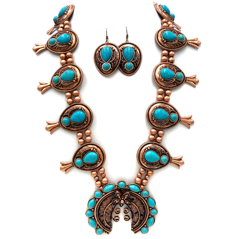 Squash Blossom Turquoise Grand Necklace Earrings Set