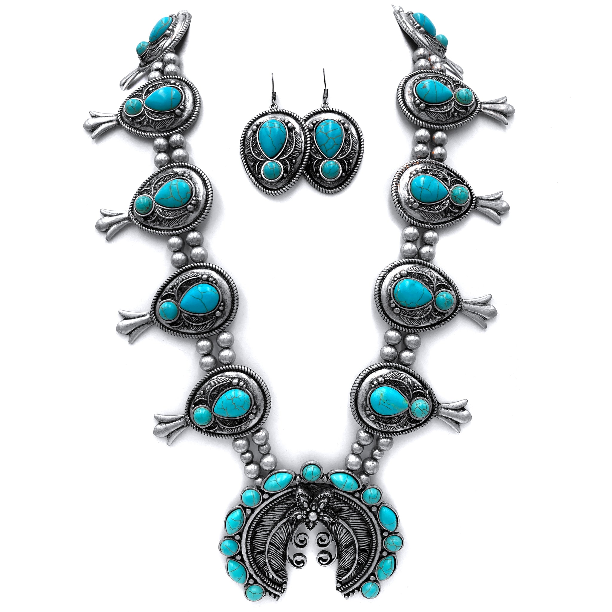 Squash Blossom Turquoise Grand Necklace Earrings Set