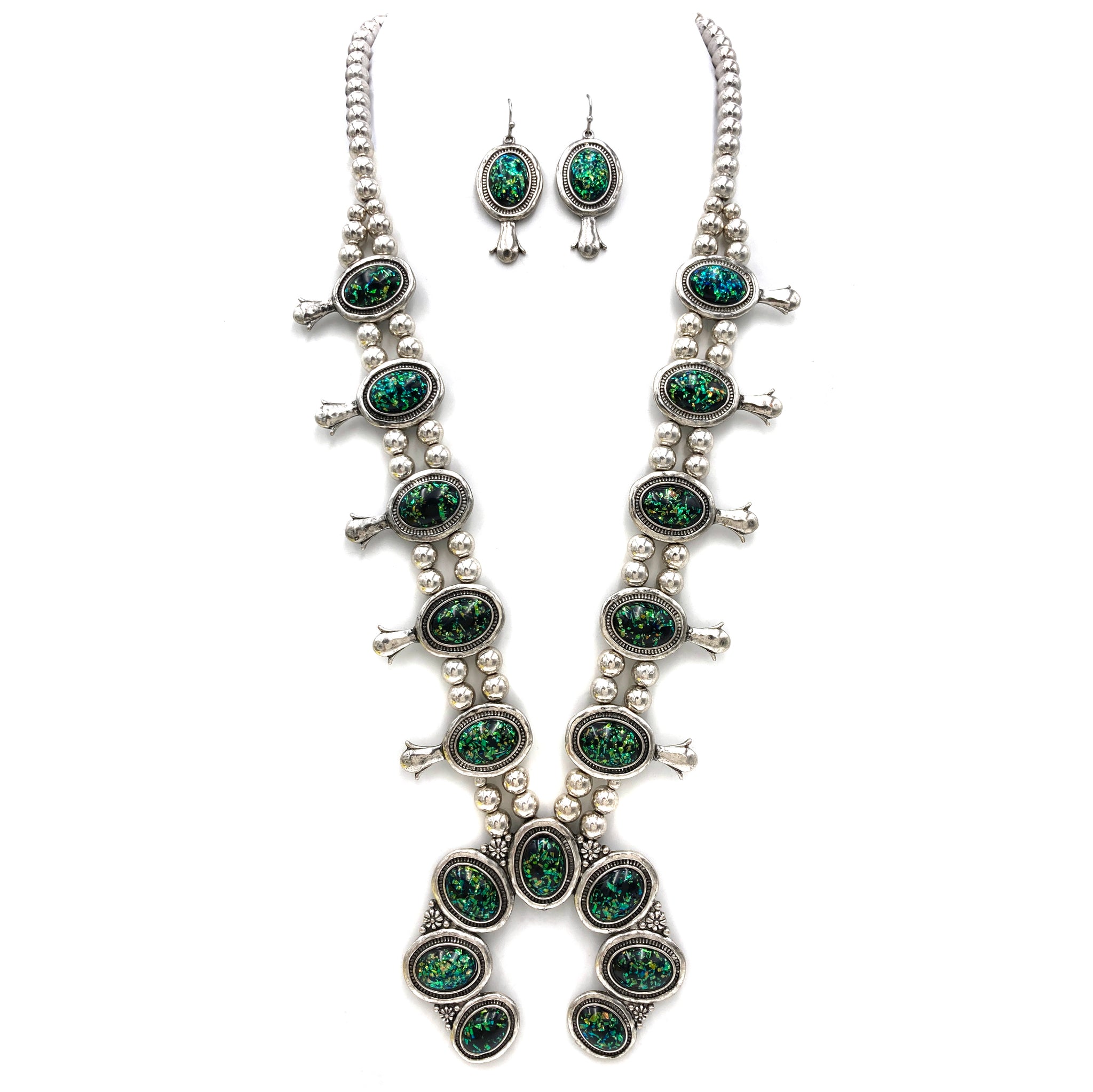 Squash Blossom Glittering Seraphinite Necklace Earrings Set