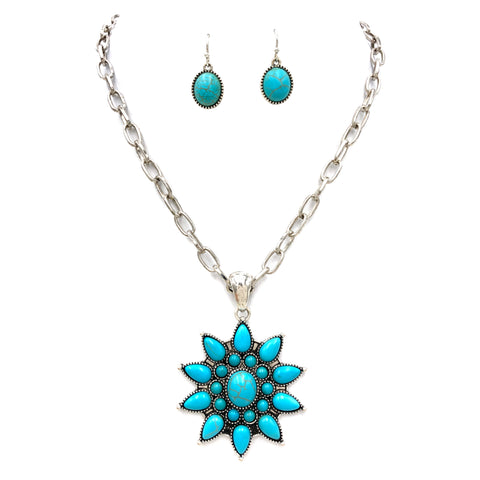 Cabochon Stone Flower Pendant Necklace Earrings Set