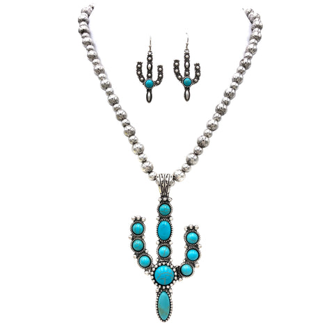 Cabochon Stone Cactus Pendant Necklace Earrings Set