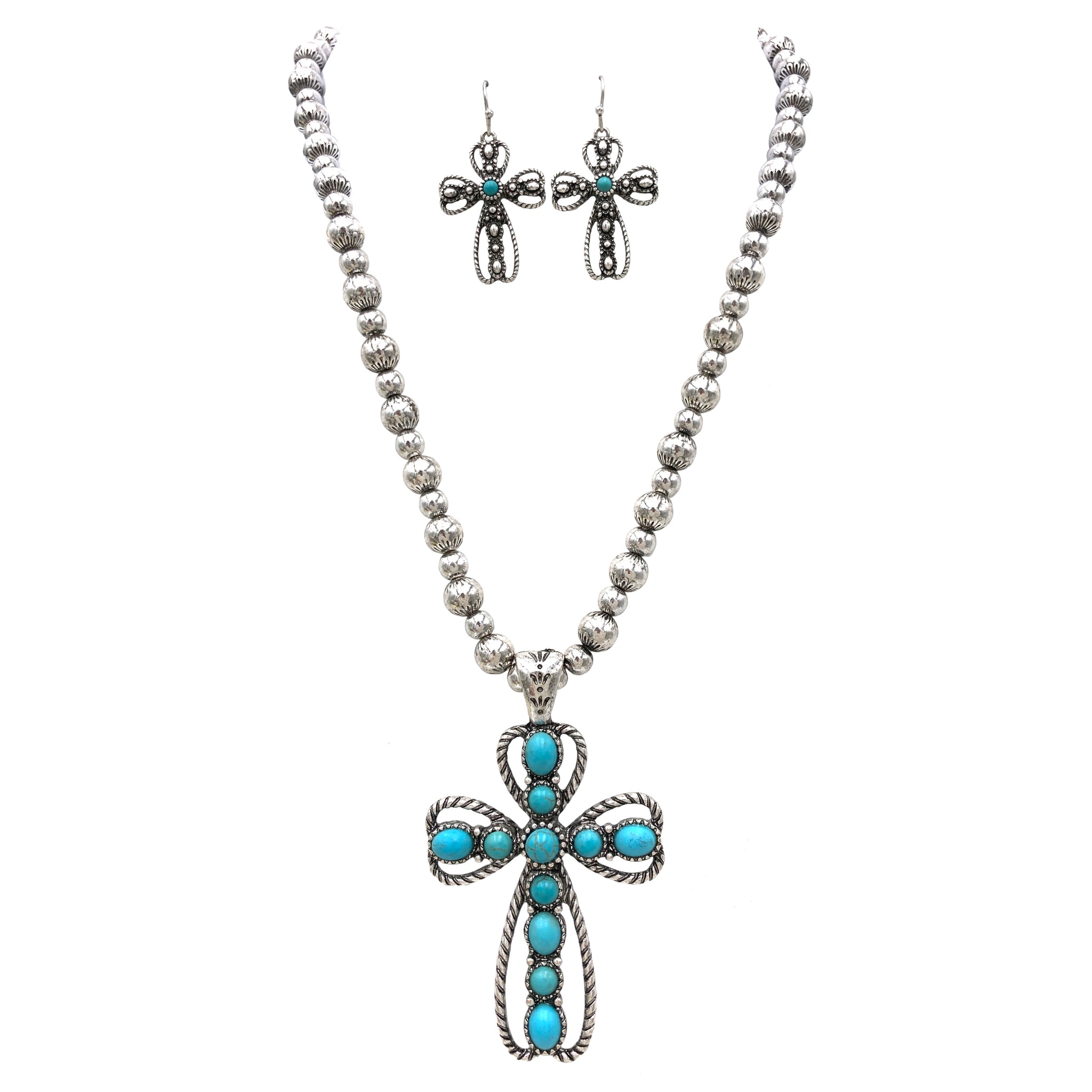 Cabochon Stone Cross Pendant Necklace Earrings Set