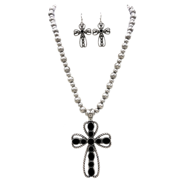 Cabochon Stone Cross Pendant Necklace Earrings Set