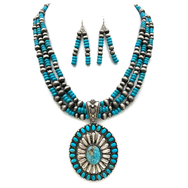 Oval Concho Stone Turquoise Bead Pearl Western Chunky Necklace Earrings Set