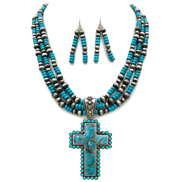 Cross Stone Turquoise Bead Pearl Western Chunky Necklace Earrings Set