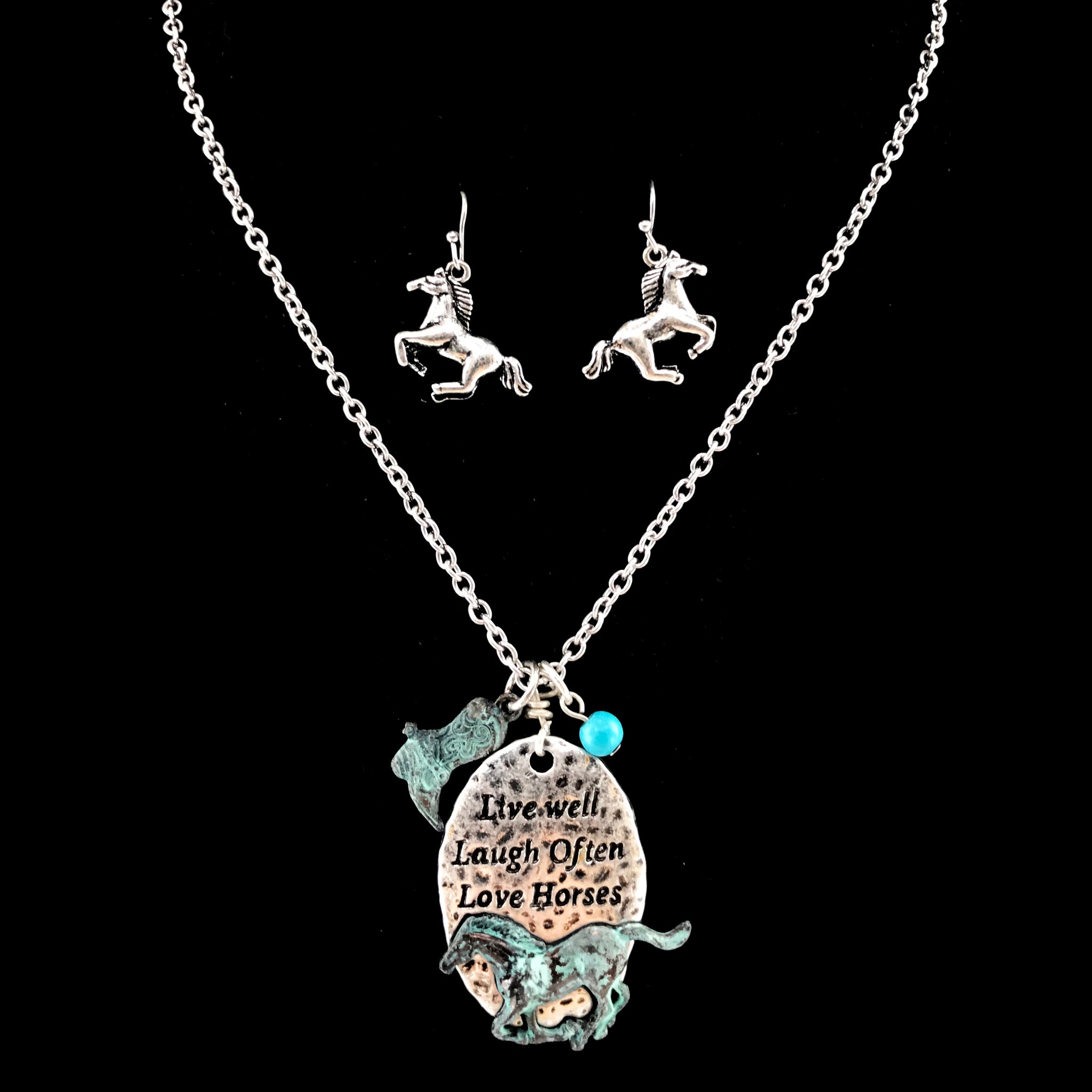 Live Well, Laugh Often, and Love Horses Cowgirl Necklace Earring Set