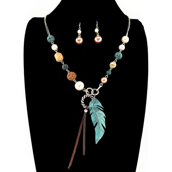 Feather Pearls Western Style Necklace and Earrings