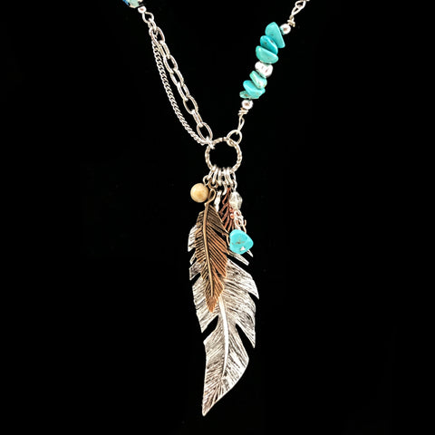 Silver Gold Feather Turquoise Style Necklace and Earrings