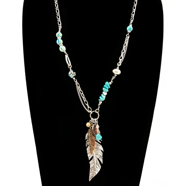 Silver Gold Feather Turquoise Style Necklace and Earrings