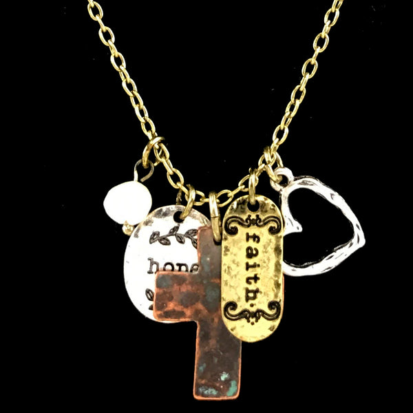 Cross Faith Hope Heart Charms Necklace Earring Set