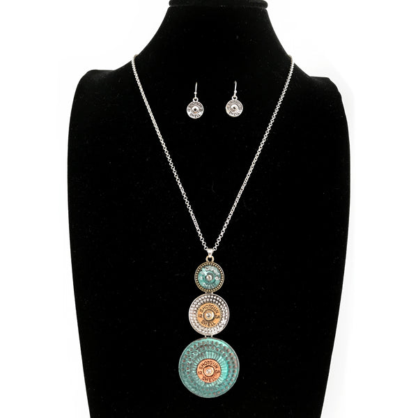 Long Three Bullet Pendant Western Style Necklace and Earrings