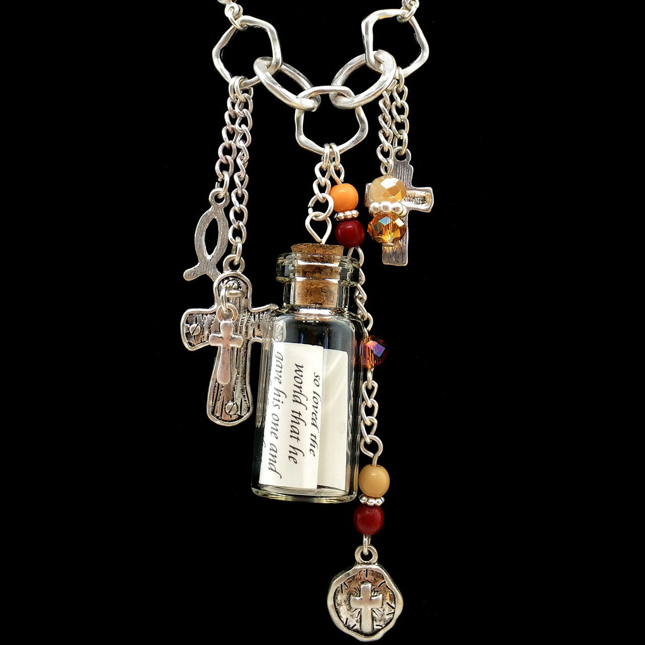 Cross John 3:16 Message in a Bottle Beaded Long Necklace