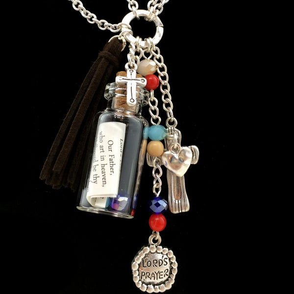 Lord's Prayer Cross Message in Bottle Beaded Long Silver Necklace