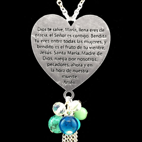 Heart Dios Te Salve Ave Maria Turquoise Beaded Long Silver Necklace