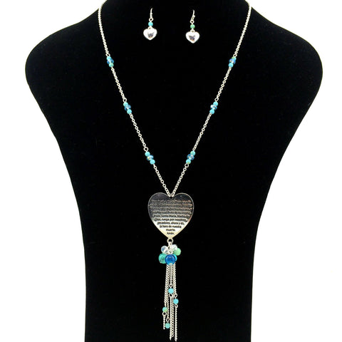 Heart Dios Te Salve Ave Maria Turquoise Beaded Long Silver Necklace