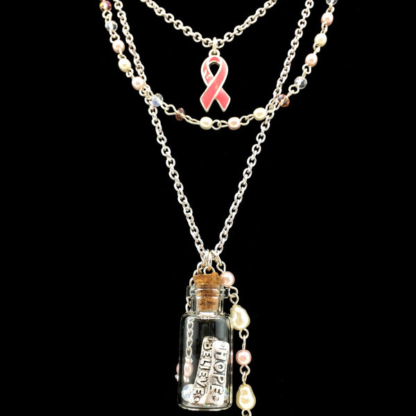 Pink Ribbon Hope Believe Message in Bottle Beaded Long Necklace