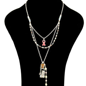 Pink Ribbon Hope Believe Message in Bottle Beaded Long Necklace