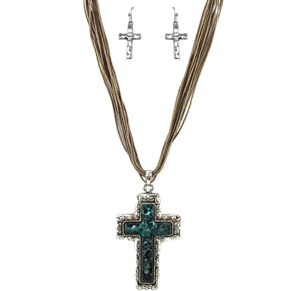 Cross Ribbon Necklace Earring Set