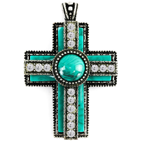 Large Turquoise Stone Rhinestone Cross Pendant