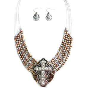 Cross Western Multi-Strand Wired Necklace Earring Set