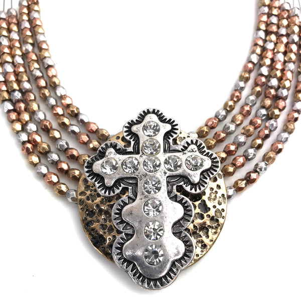 Cross Western Multi-Strand Wired Necklace Earring Set