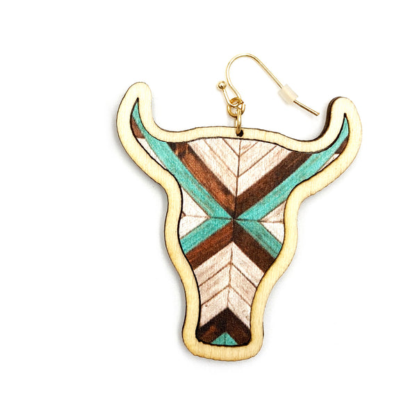 Longhorn Turquoise Brown Wooden Earrings