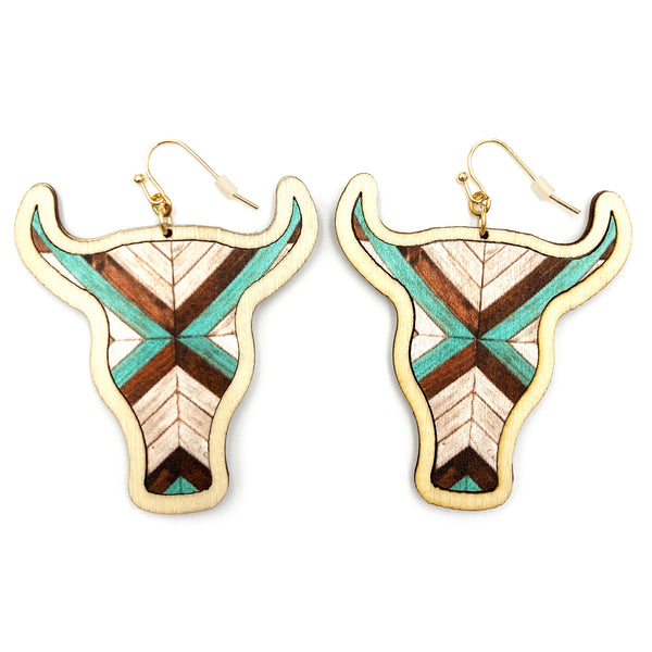 Longhorn Turquoise Brown Wooden Earrings