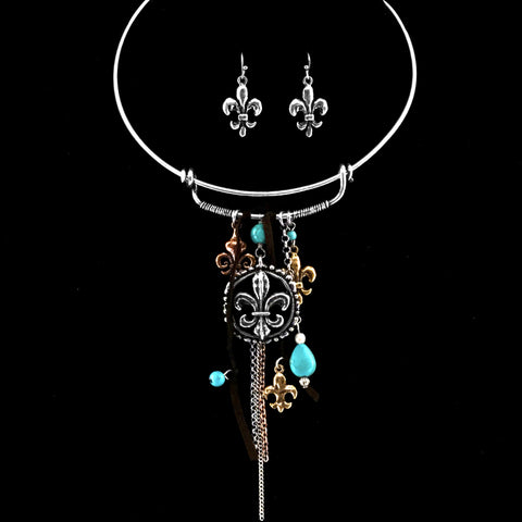 Fleur De Lis Western Choker Necklace Earring Set