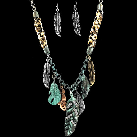 Feather Leopard Braids Western Style Necklace and Earrings