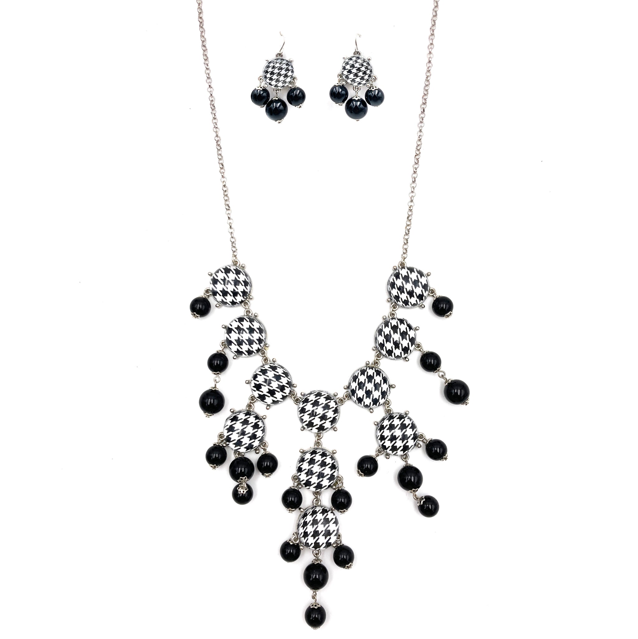 Black White Houndstooth Pearl Crystal Necklace Earring Set