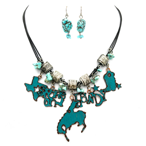 Cowboy Howdy Texas Charms Turquoise Necklace Earring Set