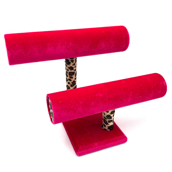 Velvet Hot Pink Leopard 2 T Bar Bracelet Stand Display Holder