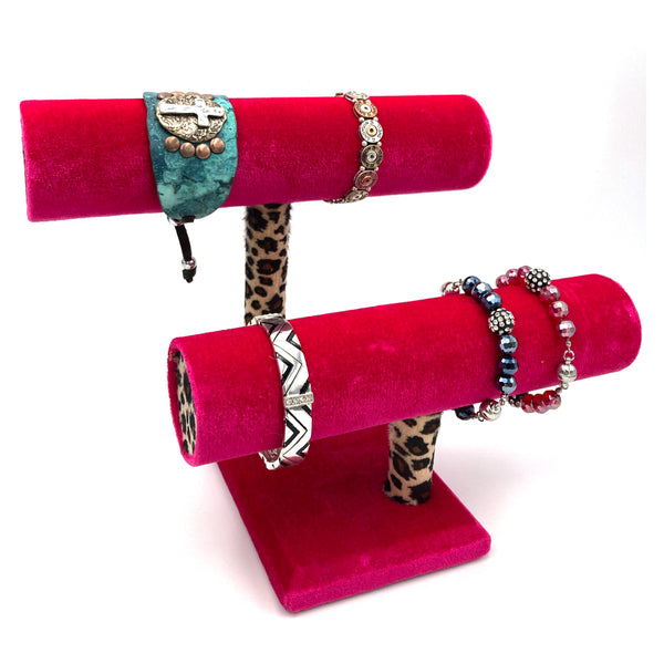 Velvet Hot Pink Leopard 2 T Bar Bracelet Stand Display Holder