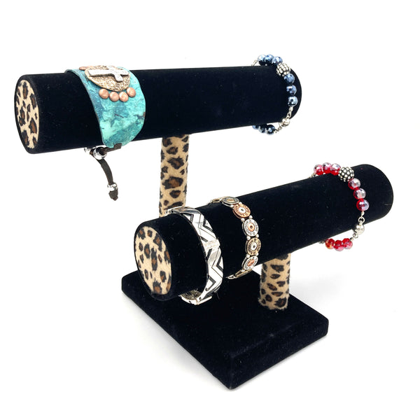 Velvet Black Leopard 2 T Bar Bracelet Stand Display Holder