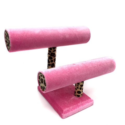 Velvet Pink Leopard 2 T Bar Bracelet Stand Display Holder