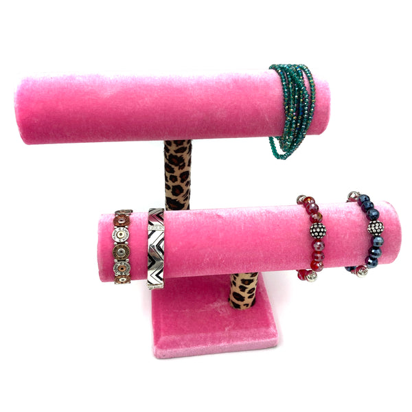 Velvet Pink Leopard 2 T Bar Bracelet Stand Display Holder