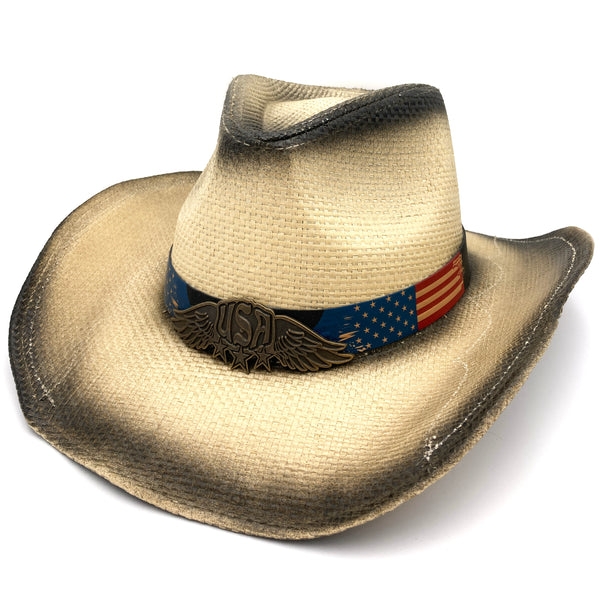 Western USA Flag Hat Band Straw Cowboy Beige Hat