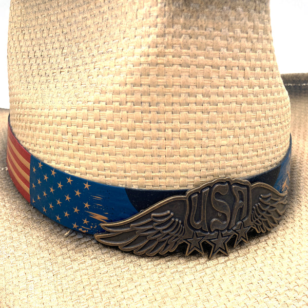 Western USA Flag Hat Band Straw Cowboy Beige Hat