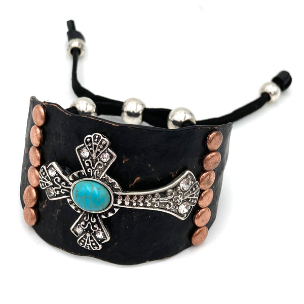 Cross Turquoise Silver Gold Patina Western Bracelet Cuff