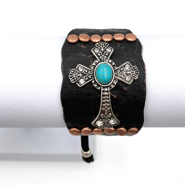 Cross Turquoise Silver Gold Patina Western Bracelet Cuff